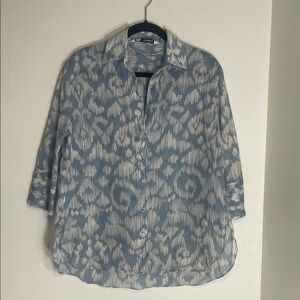 🌾 Zara 100% Ramie Lightweight Ikat Print Blouse Blue Beige XS (Fits S)